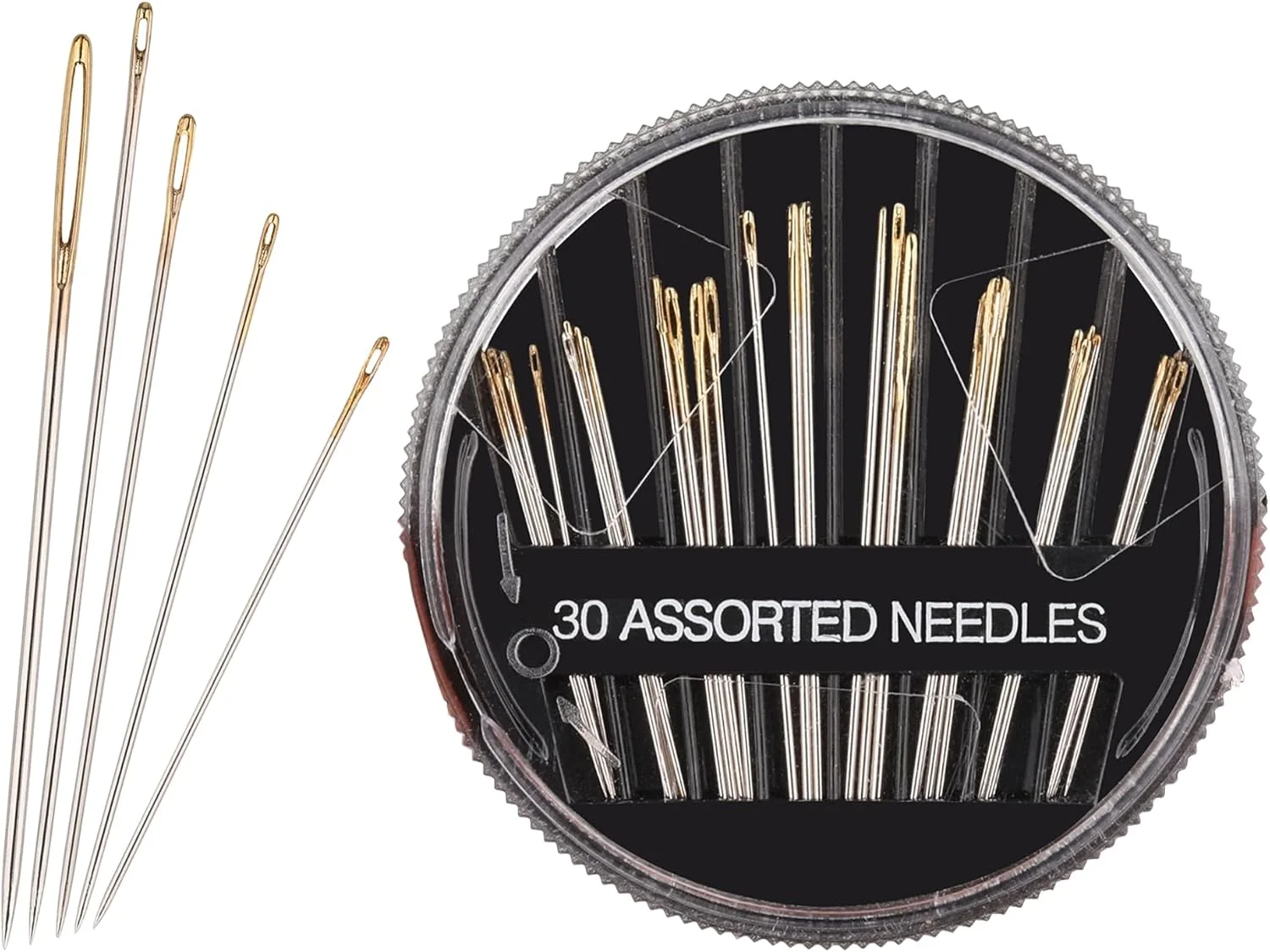 مجموعه 30 عددی سوزن خیاطی دستی متنوع تریمینگ شاپ - سوزن های فولادی ضد زنگ در جعبه گرد برای لحاف دوزی، گلدوزی، ملیله دوزی، خیاطی - بسته سوزن با اندازه های مختلف برای هنرهای خیاطی و صنایع دستی