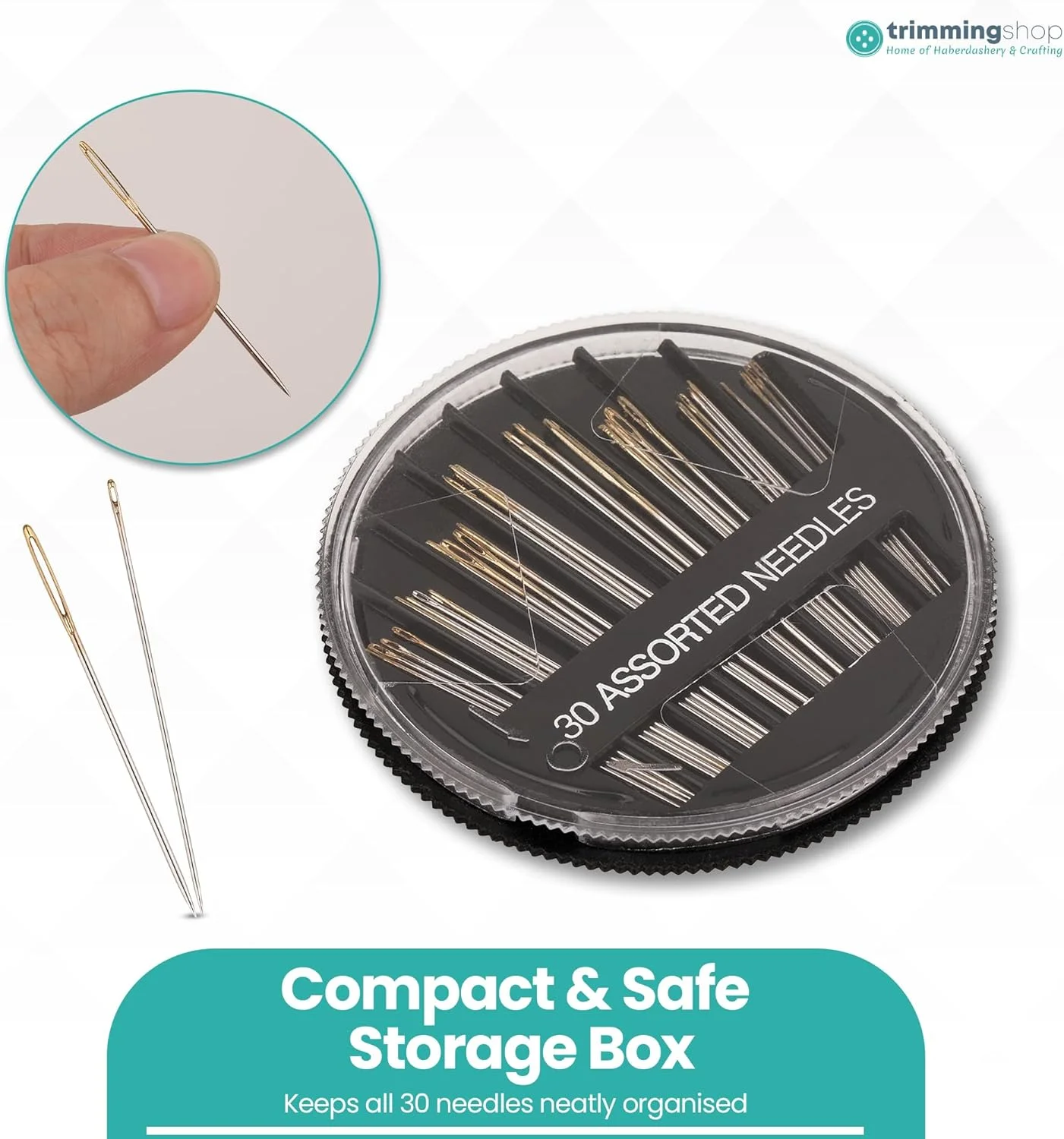 مجموعه 30 عددی سوزن خیاطی دستی متنوع تریمینگ شاپ - سوزن های فولادی ضد زنگ در جعبه گرد برای لحاف دوزی، گلدوزی، ملیله دوزی، خیاطی - بسته سوزن با اندازه های مختلف برای هنرهای خیاطی و صنایع دستی
