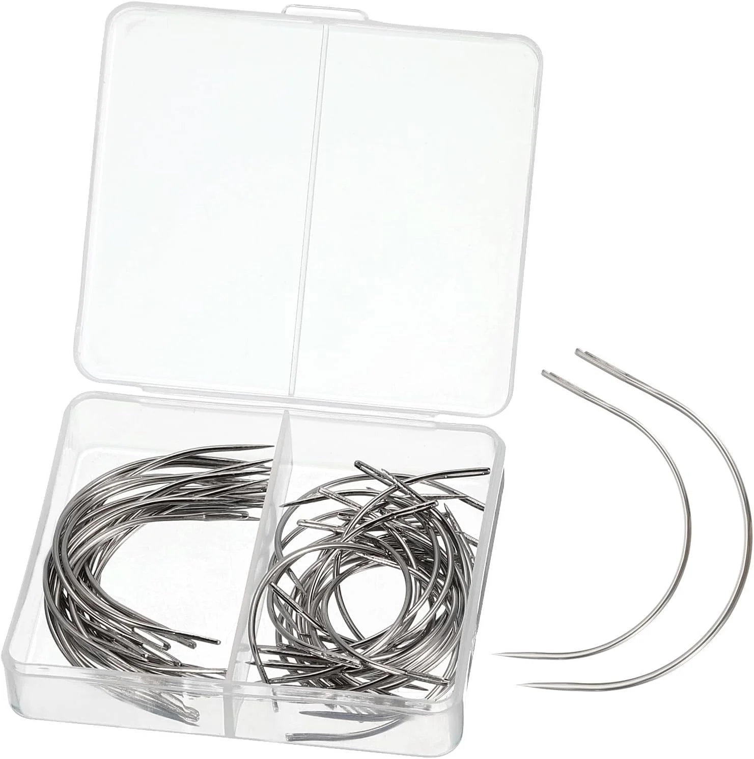 سوزن خمیده C سورسینگ مپ، 50 عدد - سوزن نوع C سیم فولادی با روکش نیکل برای بافت با جعبه پلاستیکی، سوزن های خیاطی برای ساخت کلاه گیس و صنایع دستی (2.5 اینچ، 3 اینچ)