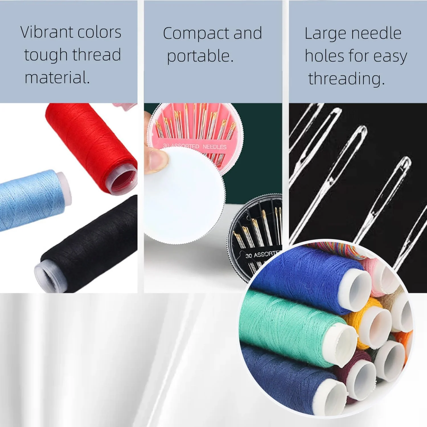 30 سوزن خیاطی + 2 قرقره نخ مشکی | کیت خیاطی دستی | سوراخ های بزرگ شده (2) 30 سوزن خیاطی + 2 قرقره نخ مشکی | کیت خیاطی دستی | سوراخ های بزرگ شده (2)