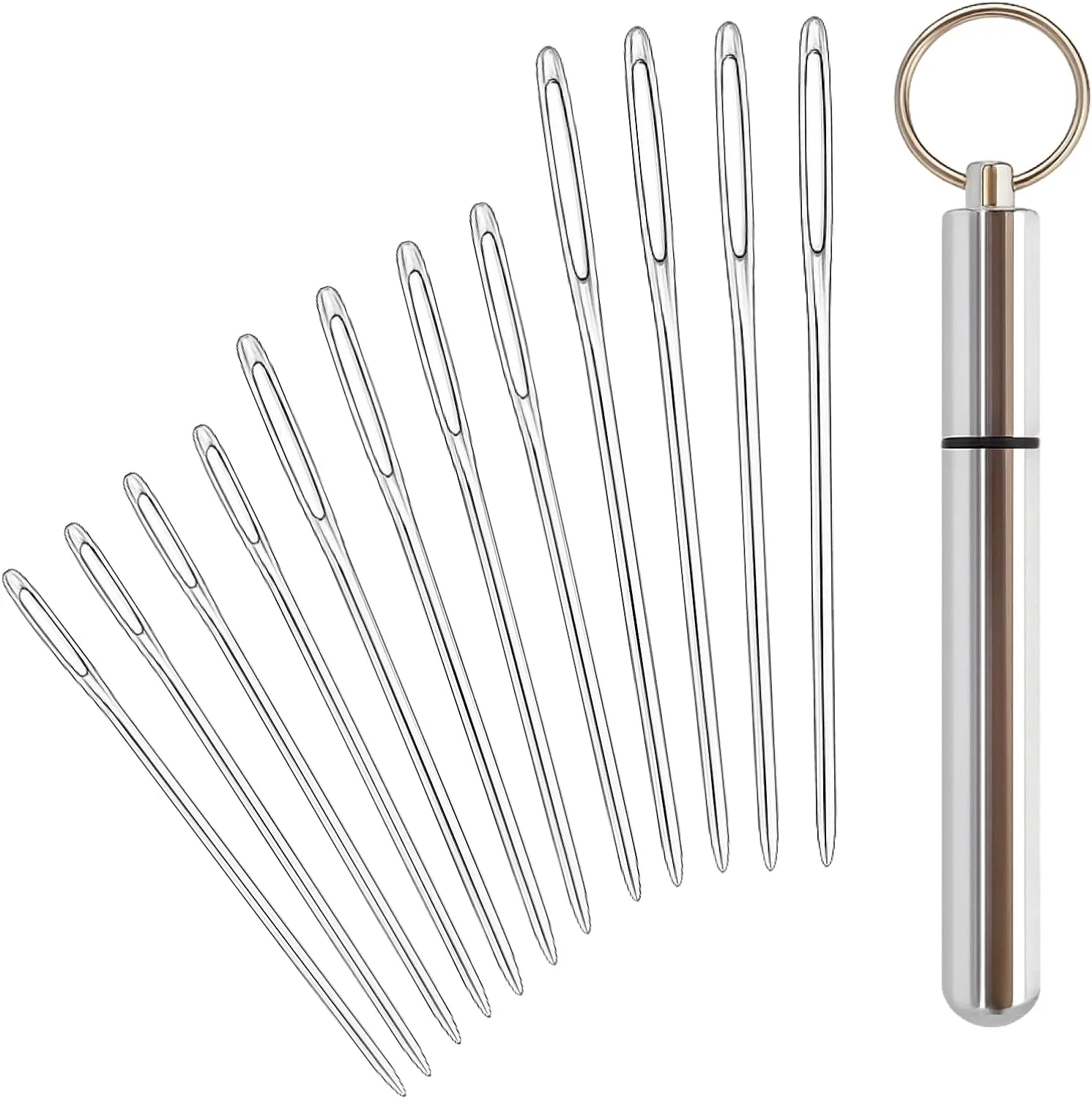ست 12 عددی سوزن های خیاطی ضخیم ته گرد با سوراخ بزرگ برای نخ و گلدوزی، ست سوزن های بافتنی دستی استیل ضد زنگ با لوله نگهداری آلومینیومی برای کوک ضربدری، رفو، سوزن دوزی و صنایع دستی