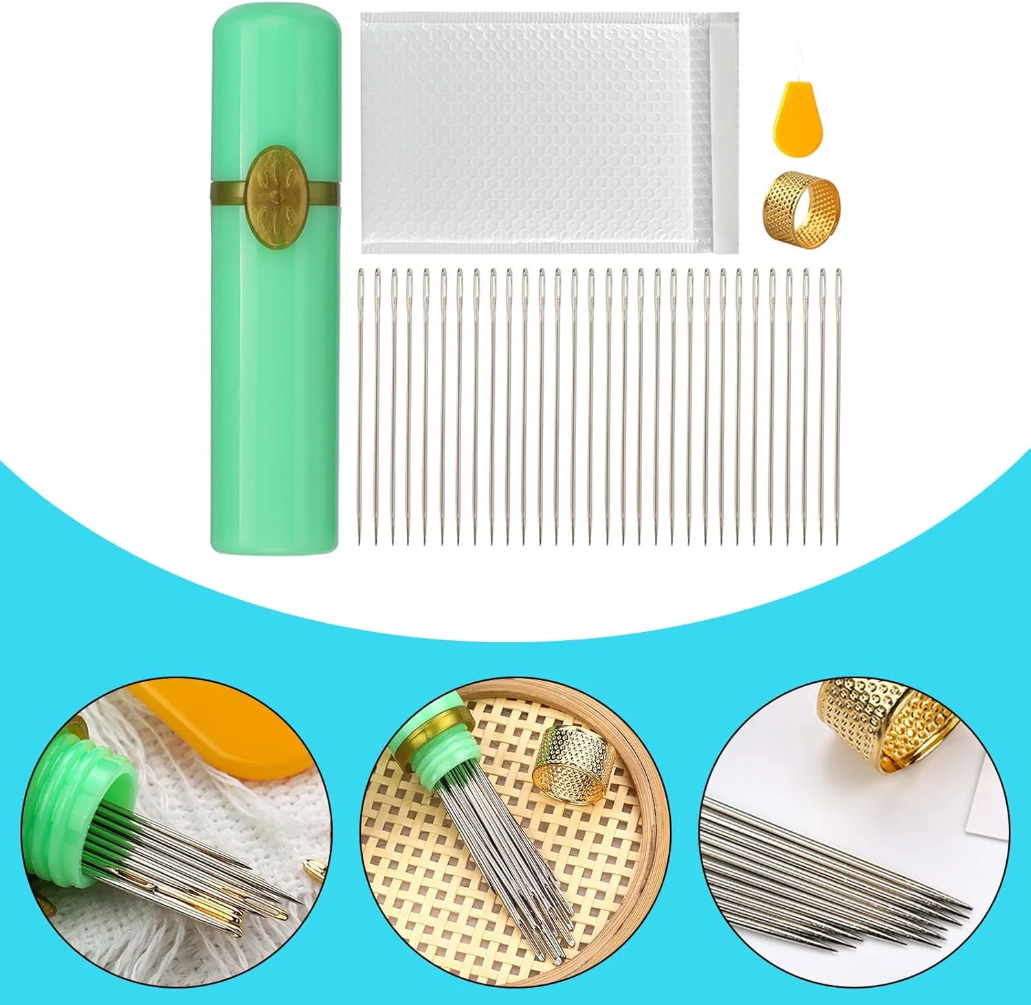 ست سوزن خیاطی دستی، سوزن بخیه چشم بزرگ، انگشتانه خیاطی، سوزن نخ‌کن، سوزن گلدوزی برای صنایع دستی خیاطی