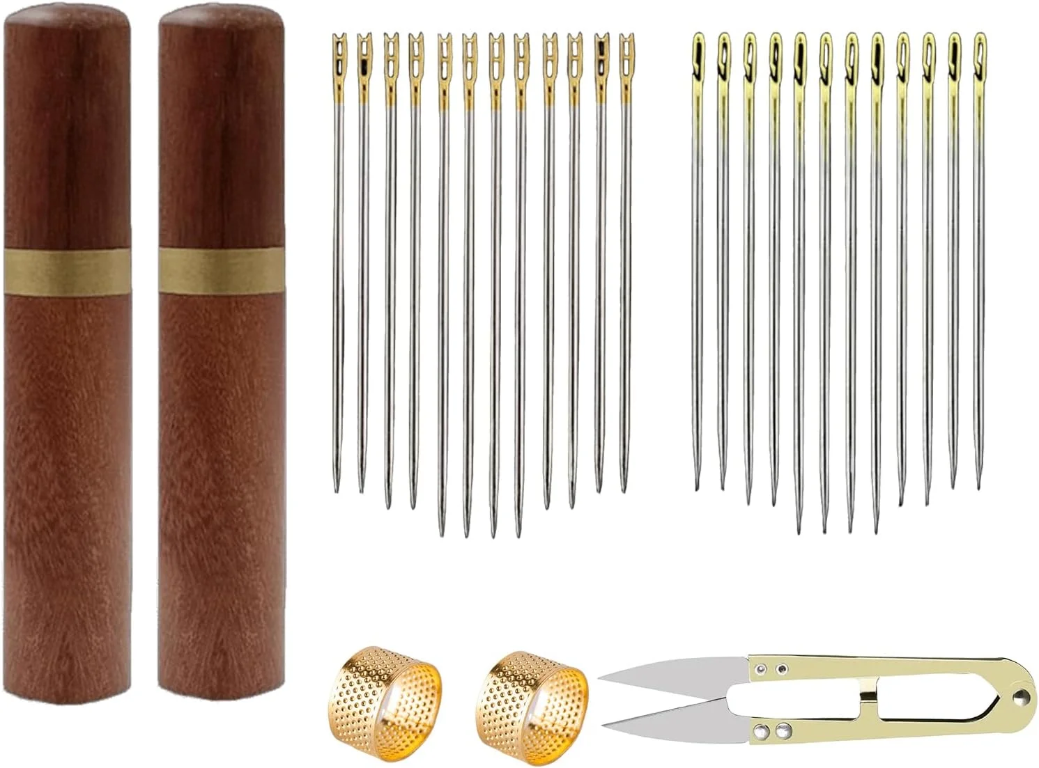 ست 29 عددی سوزن های خیاطی خود نخ کن، 2 سایز، با 2 جعبه چوبی و 2 انگشتانه و 1 ابزار نخ کشی سوزن، ایده آل برای گلدوزی، خیاطی و پروژه های صنایع دستی