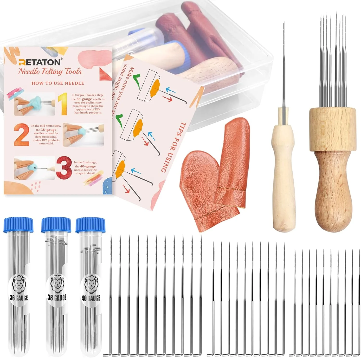 ابزار نمد دوزی سوزنی RETATON، کیت نمد دوزی 3 سایز با دسته چوبی، درفش، انگشتانه، کیت نمد دوزی سوزنی برای نمد دوزی پشمی DIY