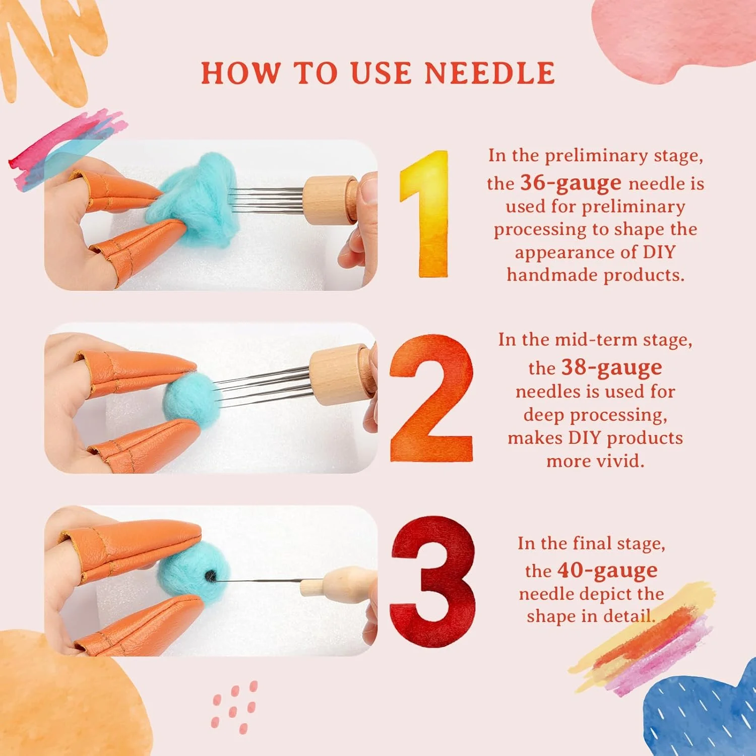 ابزار نمد دوزی سوزنی RETATON، کیت نمد دوزی 3 سایز با دسته چوبی، درفش، انگشتانه، کیت نمد دوزی سوزنی برای نمد دوزی پشمی DIY