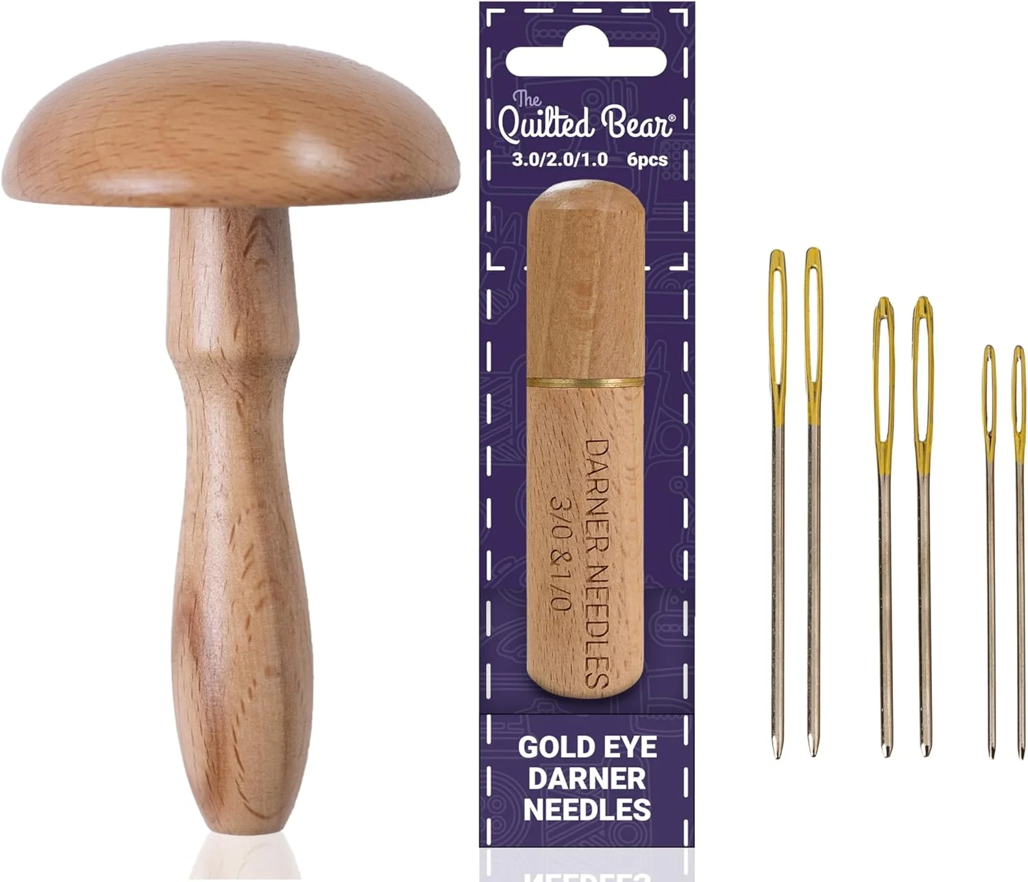 قارچ رفو و سوزن رفو The Quilted Bear - قارچ رفو چوبی صاف با سوزن های رفو چشم بزرگ برای پشم در جعبه چوبی حکاکی شده ممتاز (سایزهای 3/2/1)