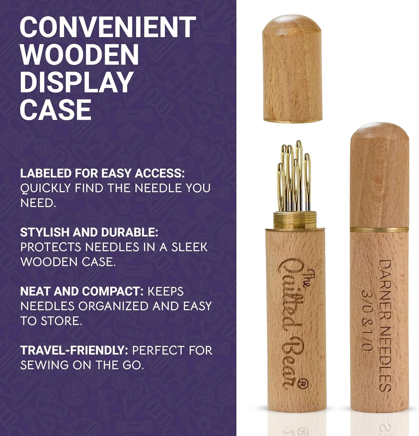 قارچ رفو و سوزن رفو The Quilted Bear - قارچ رفو چوبی صاف با سوزن های رفو چشم بزرگ برای پشم در جعبه چوبی حکاکی شده ممتاز (سایزهای 3/2/1)