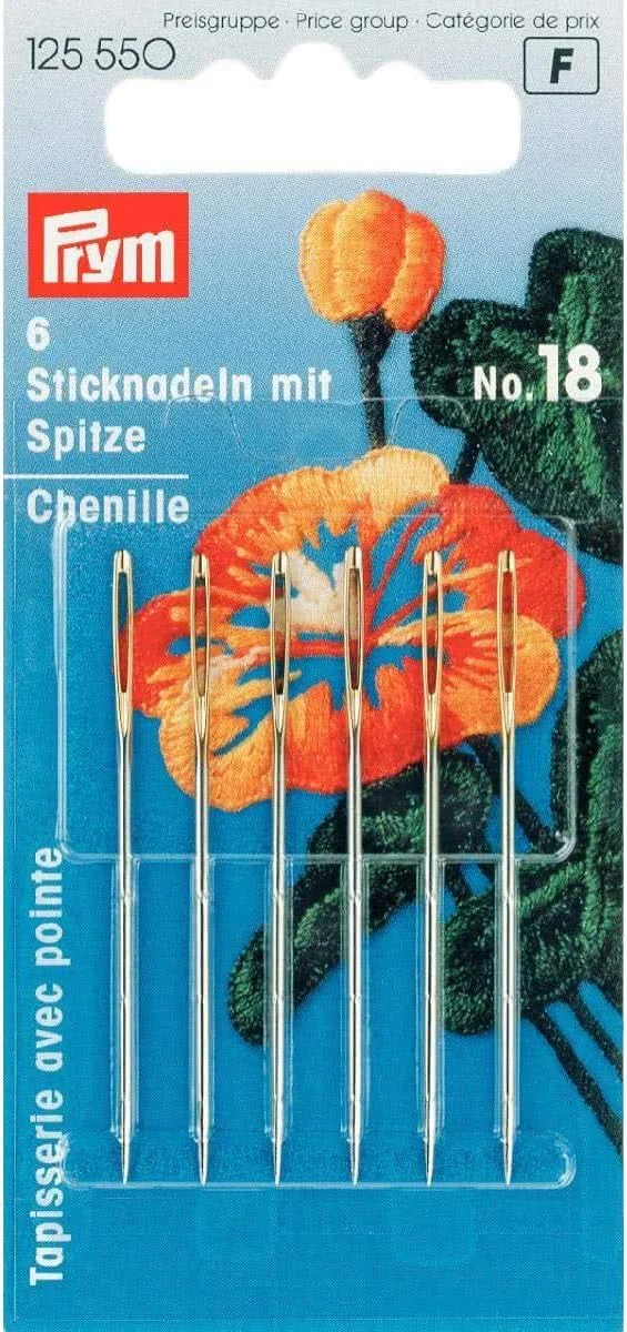 سوزن های گلدوزی پریم مدل Chenille نوک تیز شماره 18 نقره ای با چشم طلایی 1.20 x 50 میلی متر