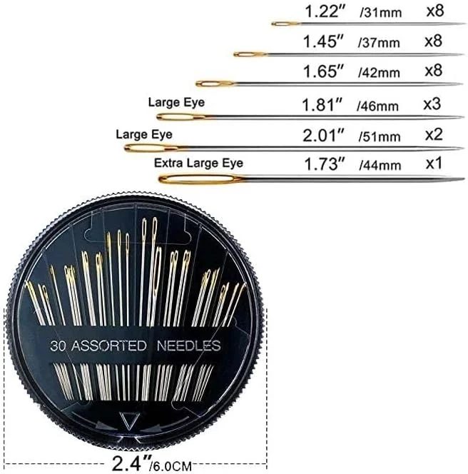 سوزن های ممتاز Needls، سوزن های خیاطی برای خیاطی دستی، بسته 30 عددی سوزن های متنوع با 2 سوزن نخ کن، سوزن های خیاطی، سوزن، 6 طول، سوزن های گلدوزی با سوراخ بزرگ، سوزن های بخیه چشم بزرگ