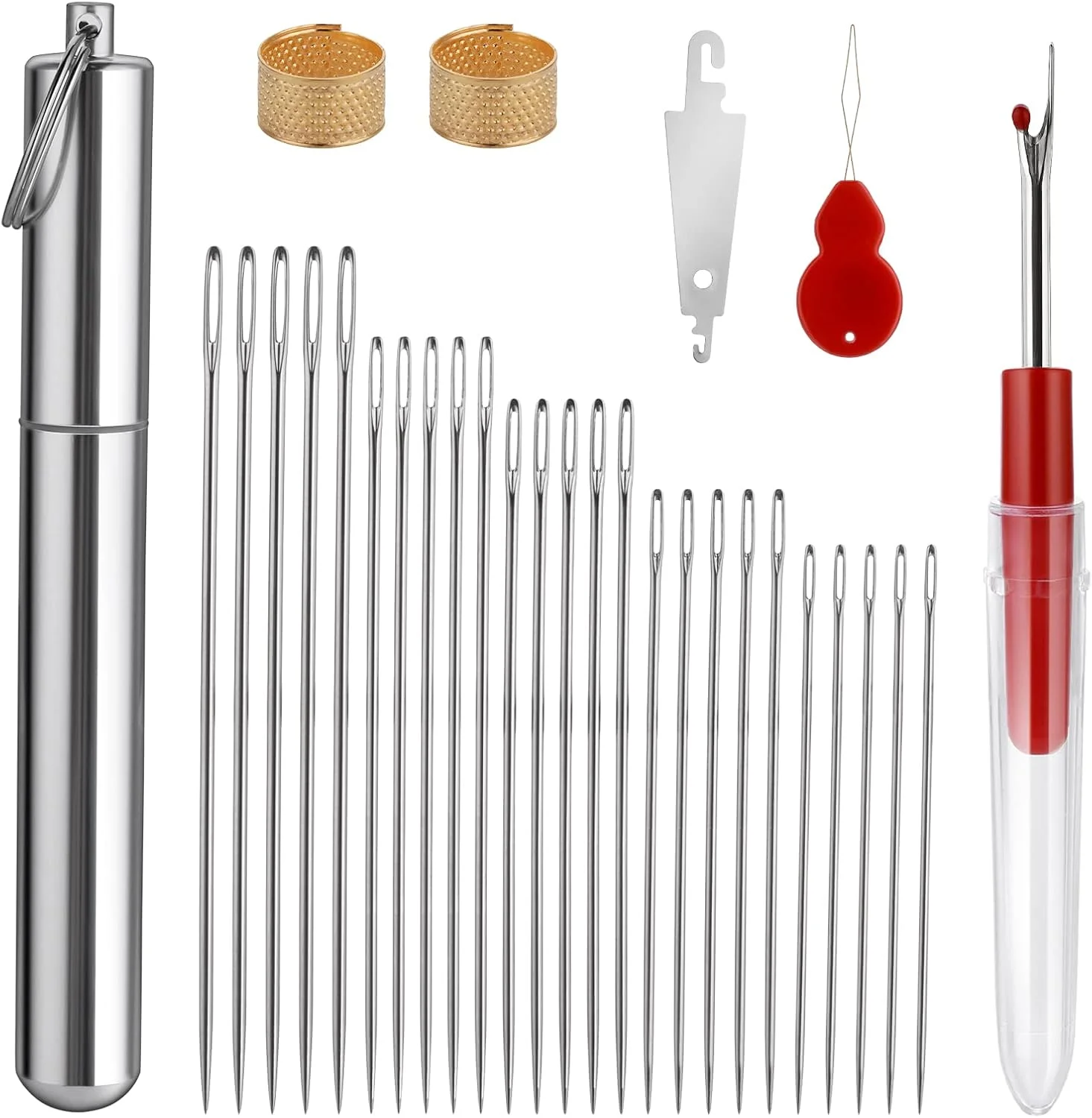 ست سوزن خیاطی پراساکو 31 عددی چشم بزرگ، سوزن های خیاطی نخ آسان، سوزن های گلدوزی، 5 سایز سوزن خیاطی دستی در لوله ذخیره سازی آلومینیومی، 1 عدد بشکاف، 2 عدد انگشتانه، 2 عدد سوزن نخ کن