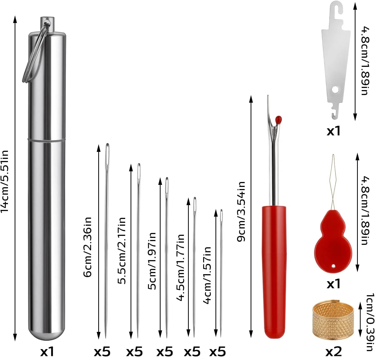 ست سوزن خیاطی پراساکو 31 عددی چشم بزرگ، سوزن های خیاطی نخ آسان، سوزن های گلدوزی، 5 سایز سوزن خیاطی دستی در لوله ذخیره سازی آلومینیومی، 1 عدد بشکاف، 2 عدد انگشتانه، 2 عدد سوزن نخ کن