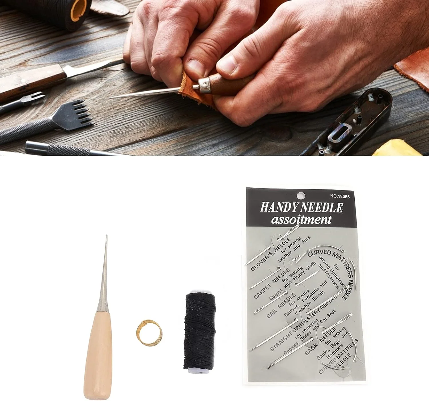 کیت سوزن های چرمی حرفه ای، سوزن های خیاطی دستی، درفش سوراخ کاری، نخ موم زده و انگشتانه برای خیاطی، تعمیر و دوخت صنایع دستی DIY کیت سوزن های چرمی حرفه ای، سوزن های خیاطی دستی، درفش سوراخ کاری، نخ موم زده و انگشتانه برای خیاطی، تعمیر و دوخت صنایع دستی DIY