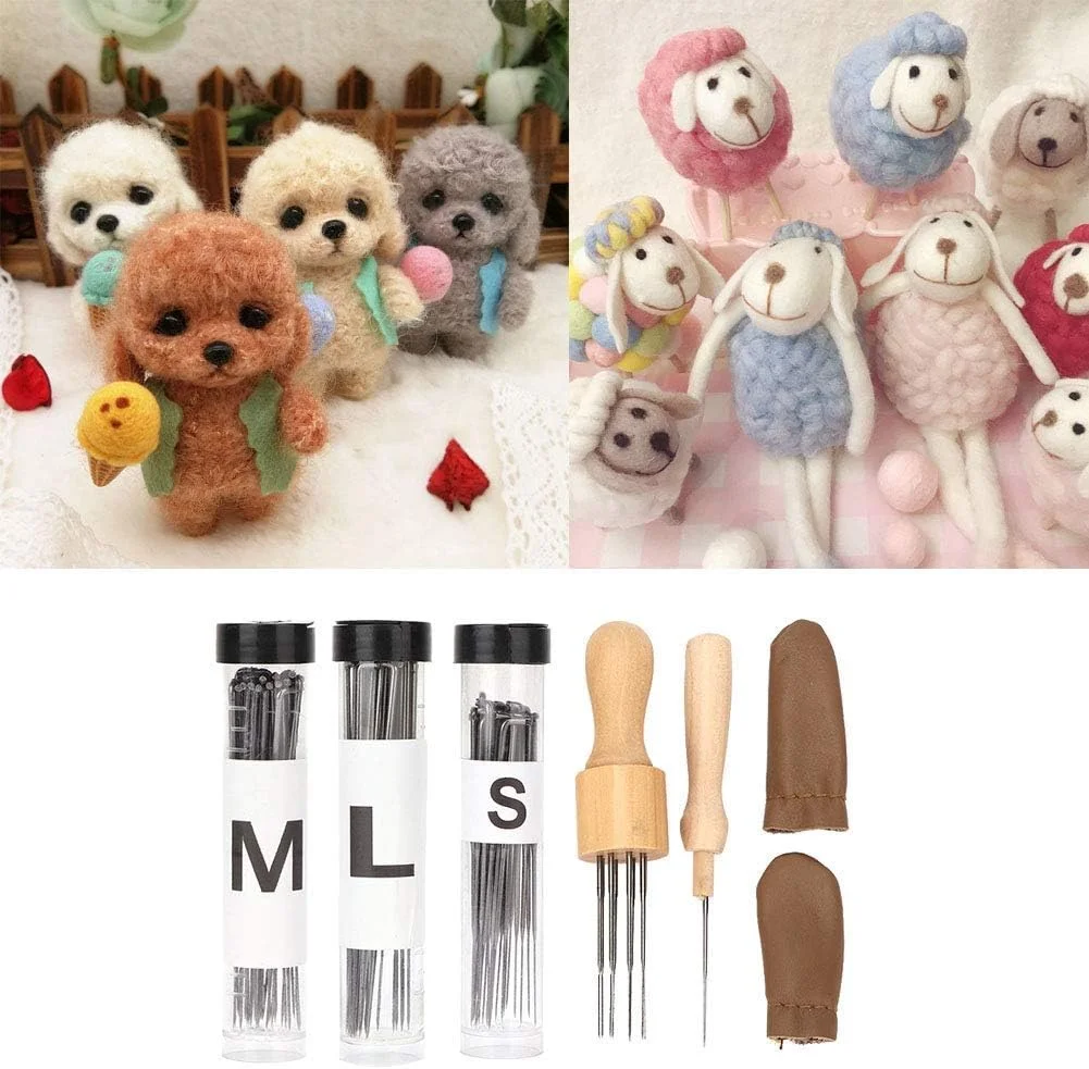 ابزار نمد مالی دسته چوبی کاربردی، دسته سوزن های نمد مالی، انگشتانه و کیت ابزار نمد مالی پشم عالی برای پروژه های نمد مالی پشمی DIY