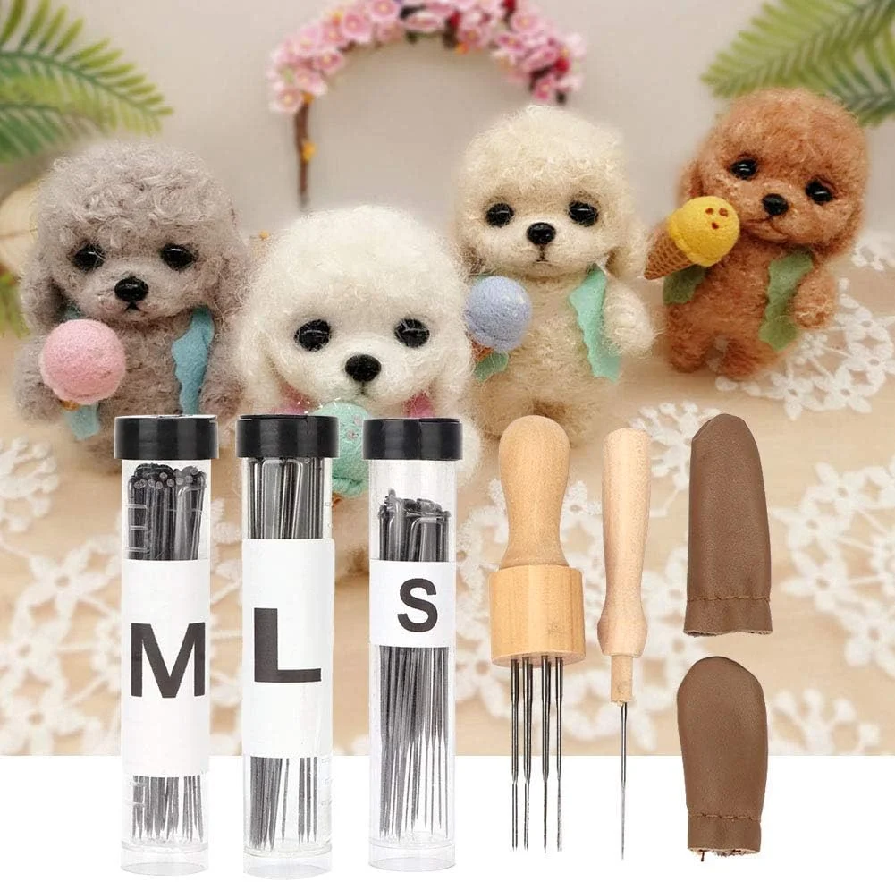 ابزار نمد مالی دسته چوبی کاربردی، دسته سوزن های نمد مالی، انگشتانه و کیت ابزار نمد مالی پشم عالی برای پروژه های نمد مالی پشمی DIY