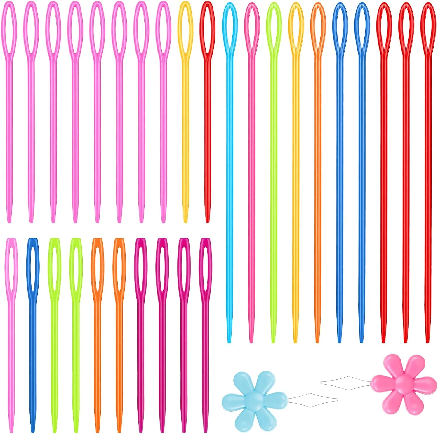 بسته 32 عددی سوزن خیاطی پلاستیکی با نخ‌کن گلدار، سوزن‌های کوبلن‌دوزی پلاستیکی رنگارنگ با سوراخ بزرگ برای کودکان، سوزن پشمی برای خیاطی، مناسب برای DIY، خیاطی و صنایع دستی