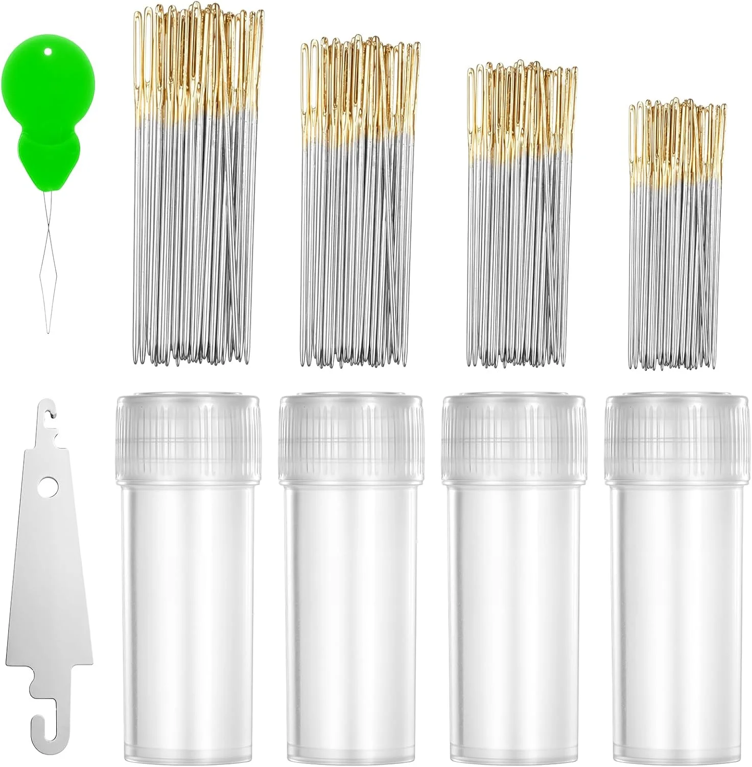 120 عدد سوزن گلدوزی با نوک گرد سایز 22، 24، 26 و 28، جنس استیل ضد زنگ طلایی با چشمی بزرگ، مناسب گلدوزی دستی، به همراه 2 عدد سوزن نخ کن در جعبه شفاف