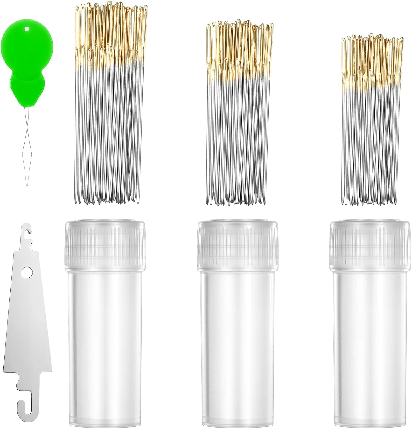 90 عدد سوزن گلدوزی چشمی بزرگ سایز 22، 24 و 26 طلایی، سوزن های خیاطی دستی استیل ضد زنگ به همراه 2 عدد سوزن نخ کن در جعبه شفاف