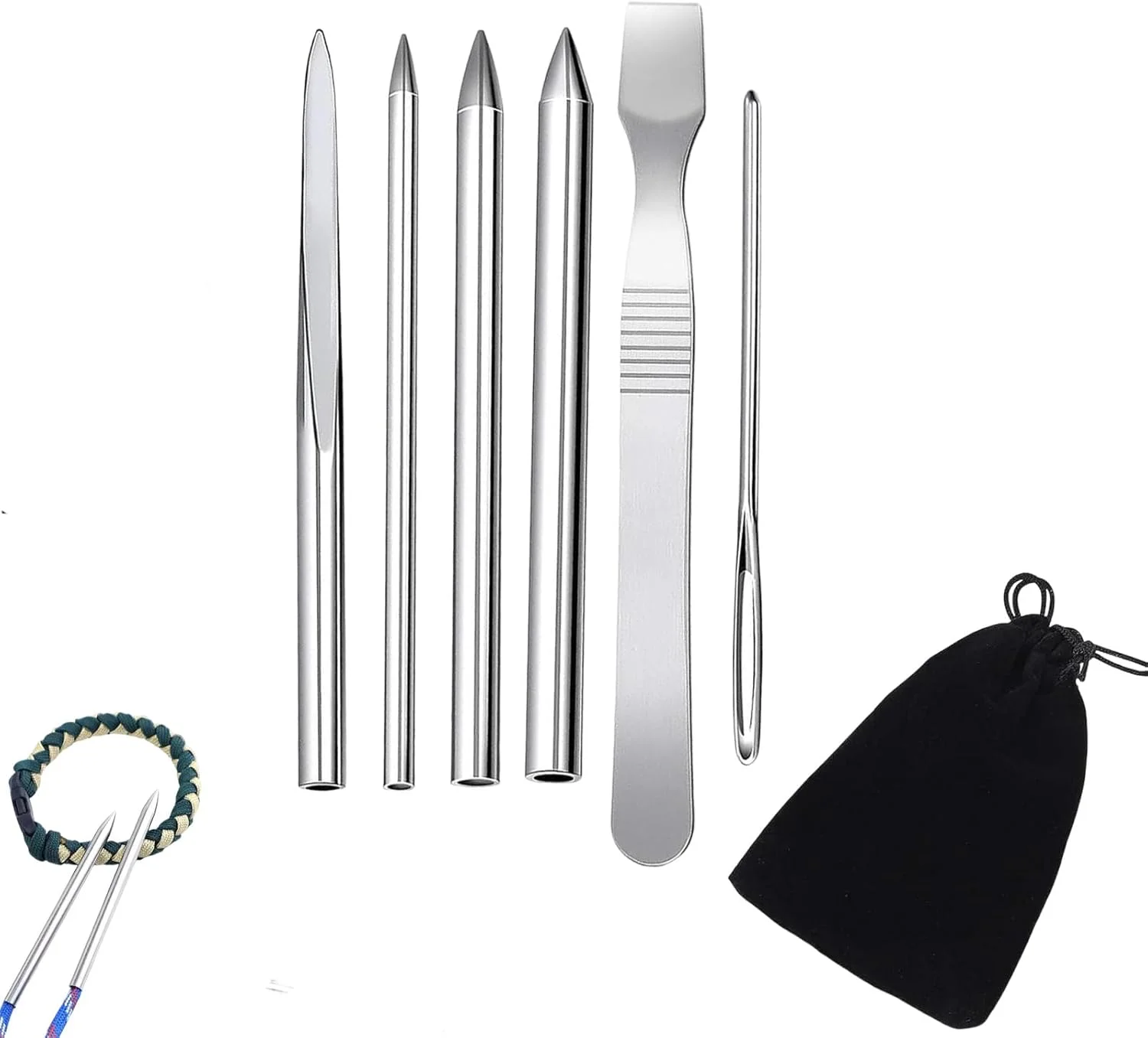 بسته 6 عددی سوزن های پاراکورد استیل ضد زنگ با کیف مخملی، ابزار صاف کننده پاراکورد برای بافت دستبند، بند کفش DIY