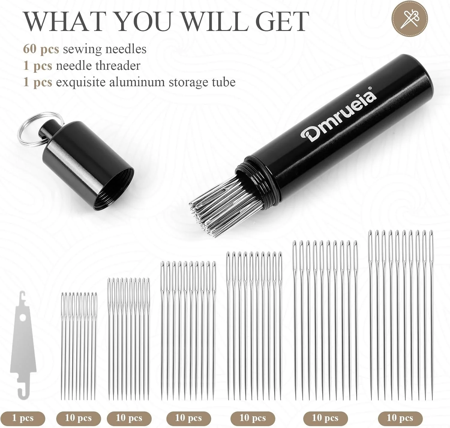 ست 60 عددی سوزن خیاطی با جعبه آلومینیومی - 6 سایز (2.6 اینچ، 2.4 اینچ، 2.2 اینچ، 2.0 اینچ، 1.8 اینچ، 1.6 اینچ) سوزن های گلدوزی چشم بزرگ - تیز، صاف و نخ کشی آسان برای گلدوزی، لحاف دوزی، صنایع دستی