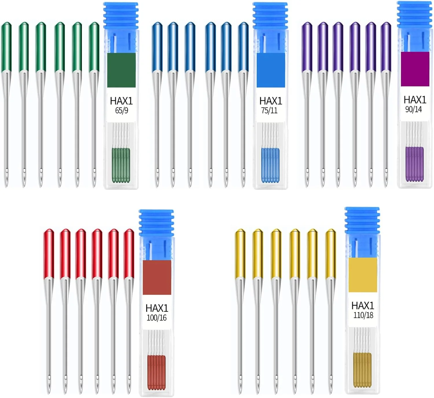 سوزن چرخ خیاطی OIHCAZ، 30 عدد، سوزن های خیاطی در اندازه های مختلف 65/9–110/18، ساق تخت رنگی، سازگار با چرخ خیاطی های سینگر، برادر و قدیمی