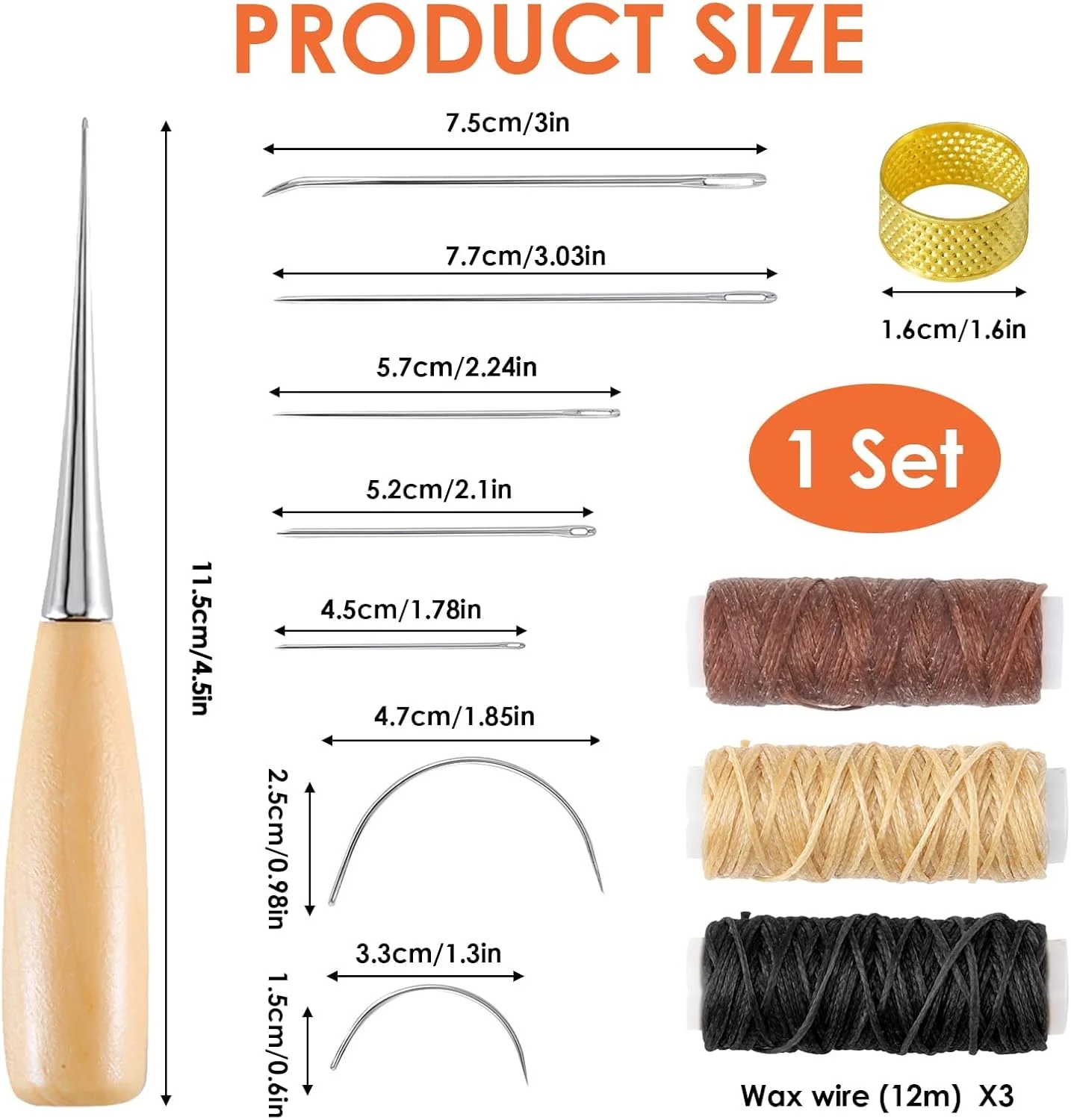 مجموعه 12 عددی سوزن های چرمی nllkii به همراه نخ موم زده 12 متری، کیت تعمیر چرم شامل سوزن های منحنی، درفش سوراخ کاری و انگشتانه برای تعمیر فرش، خز، بوم، پارچه، دوخت صنایع دستی DIY و لوازم گلدوزی