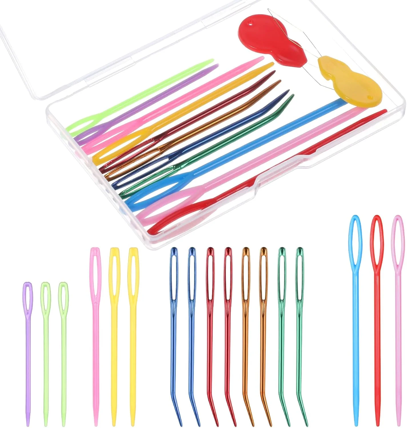 19 عدد سوزن پشمی برای خیاطی، سوزن های خیاطی در 4 سایز با مجموعه سوزن های چشم بزرگ به همراه 2 سوزن نخ کن، سوزن های نوک منحنی، سوزن رفو، سوزن های گلدوزی برای بافتنی، بافت پشمی و قلاب بافی