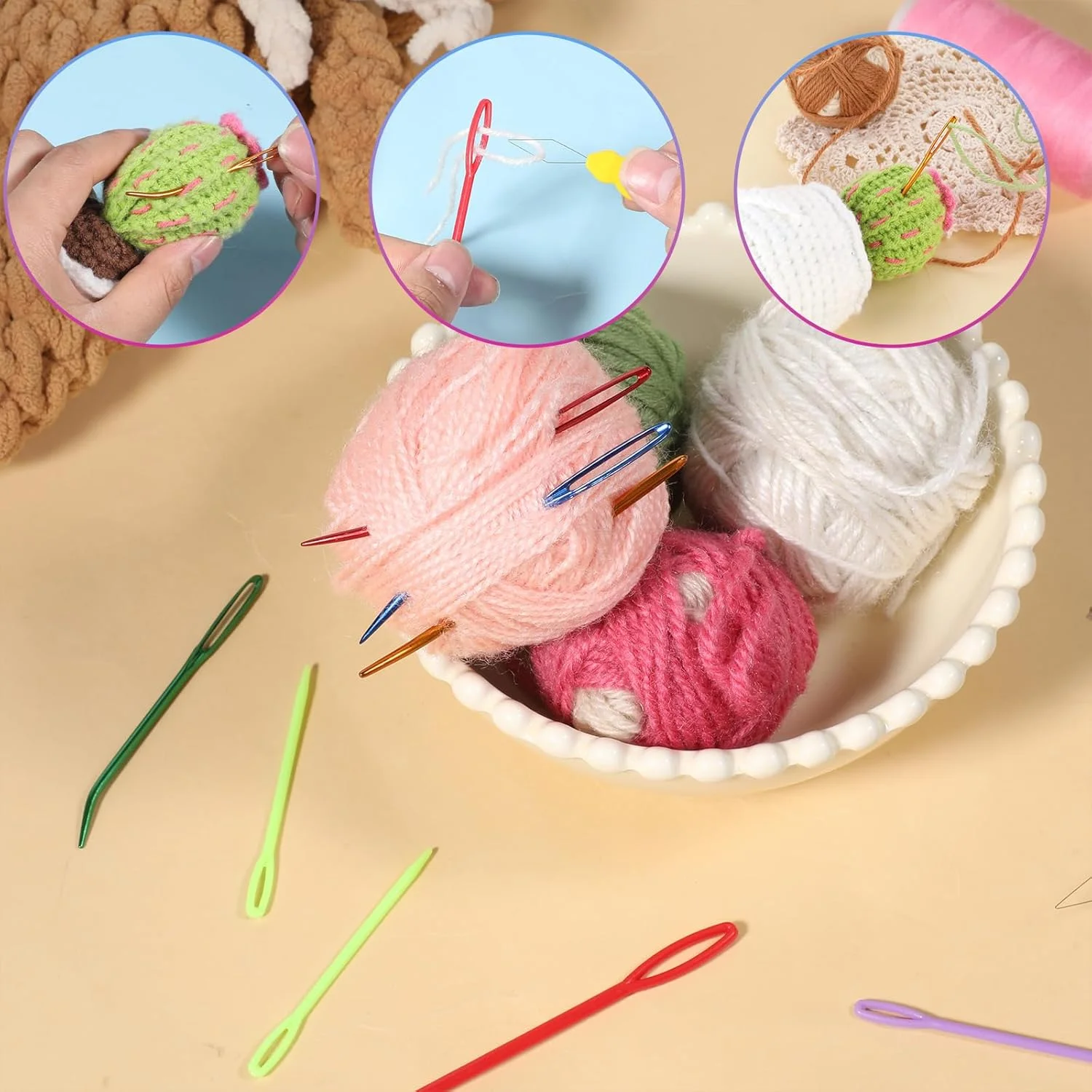 19 عدد سوزن پشمی برای خیاطی، سوزن های خیاطی در 4 سایز با مجموعه سوزن های چشم بزرگ به همراه 2 سوزن نخ کن، سوزن های نوک منحنی، سوزن رفو، سوزن های گلدوزی برای بافتنی، بافت پشمی و قلاب بافی