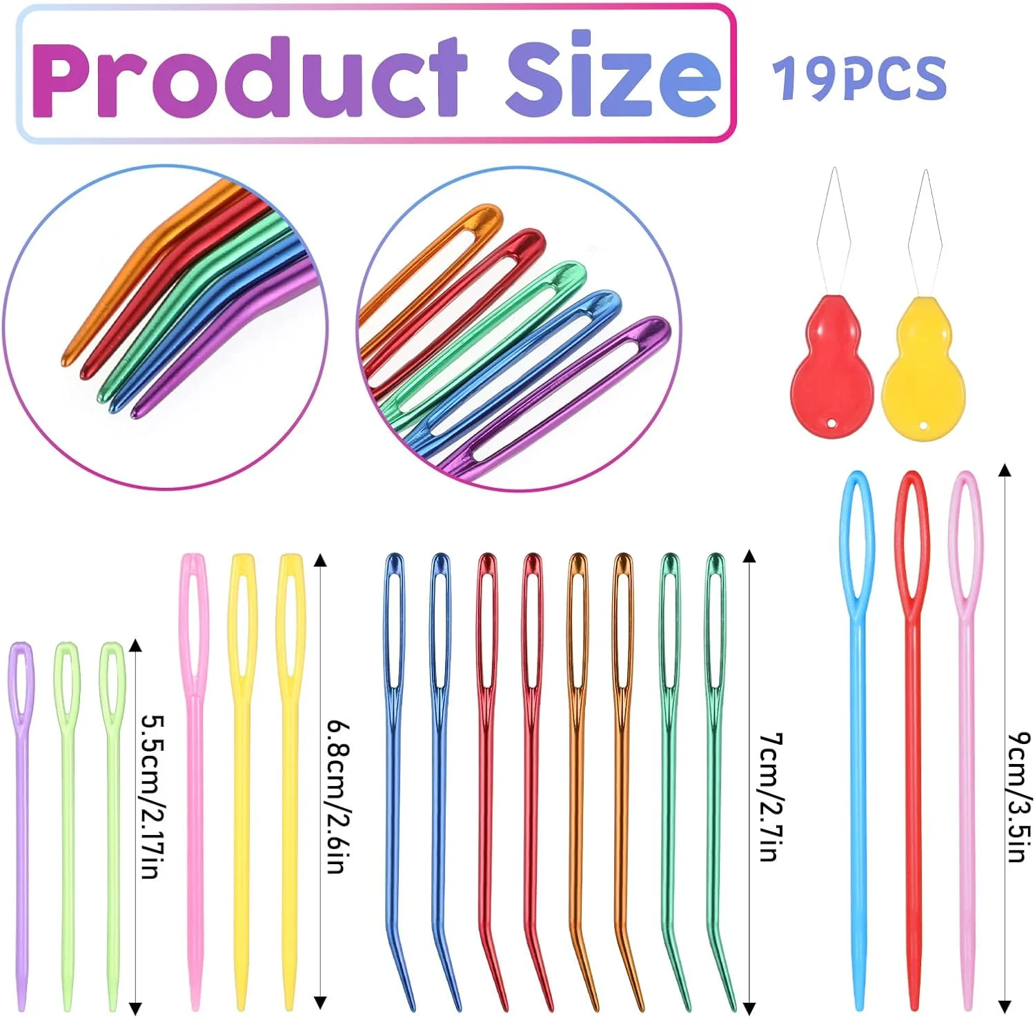 19 عدد سوزن پشمی برای خیاطی، سوزن های خیاطی در 4 سایز با مجموعه سوزن های چشم بزرگ به همراه 2 سوزن نخ کن، سوزن های نوک منحنی، سوزن رفو، سوزن های گلدوزی برای بافتنی، بافت پشمی و قلاب بافی