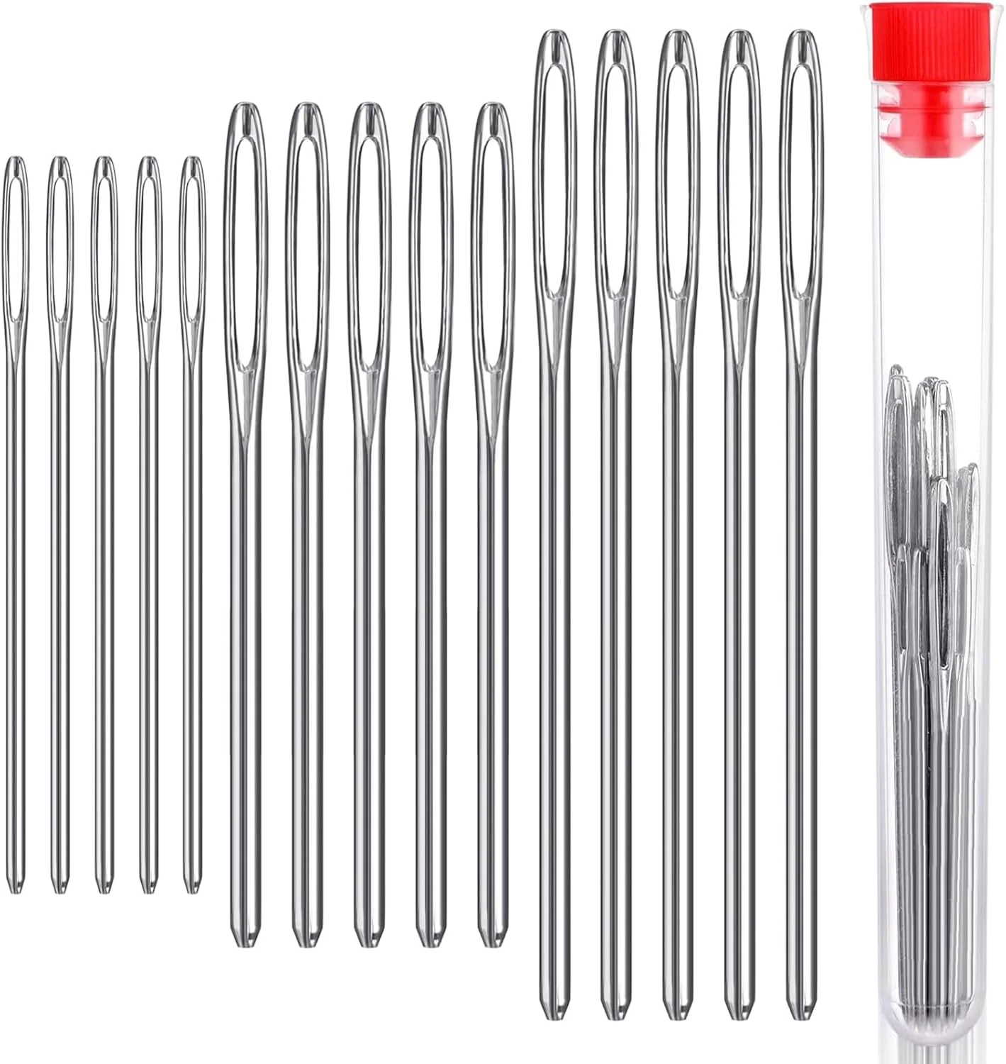 15 عدد سوزن ضخیم ته گرد با سوراخ بزرگ، سوزن بافتنی استیل ضد زنگ، سوزن های خیاطی دستی، سوزن های چرمی برای خیاطی DIY و صنایع دستی دست ساز