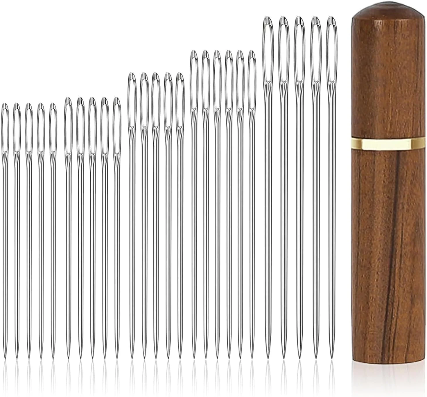 سوزن های خیاطی چشم بزرگ، 25 عدد در 5 سایز مختلف، سوزن های گلدوزی، سوزن های کاموا با جعبه سوزن چوبی، سوزن های خود نخ شونده پشمی استیل ضد زنگ برای خیاطی دستی DIY