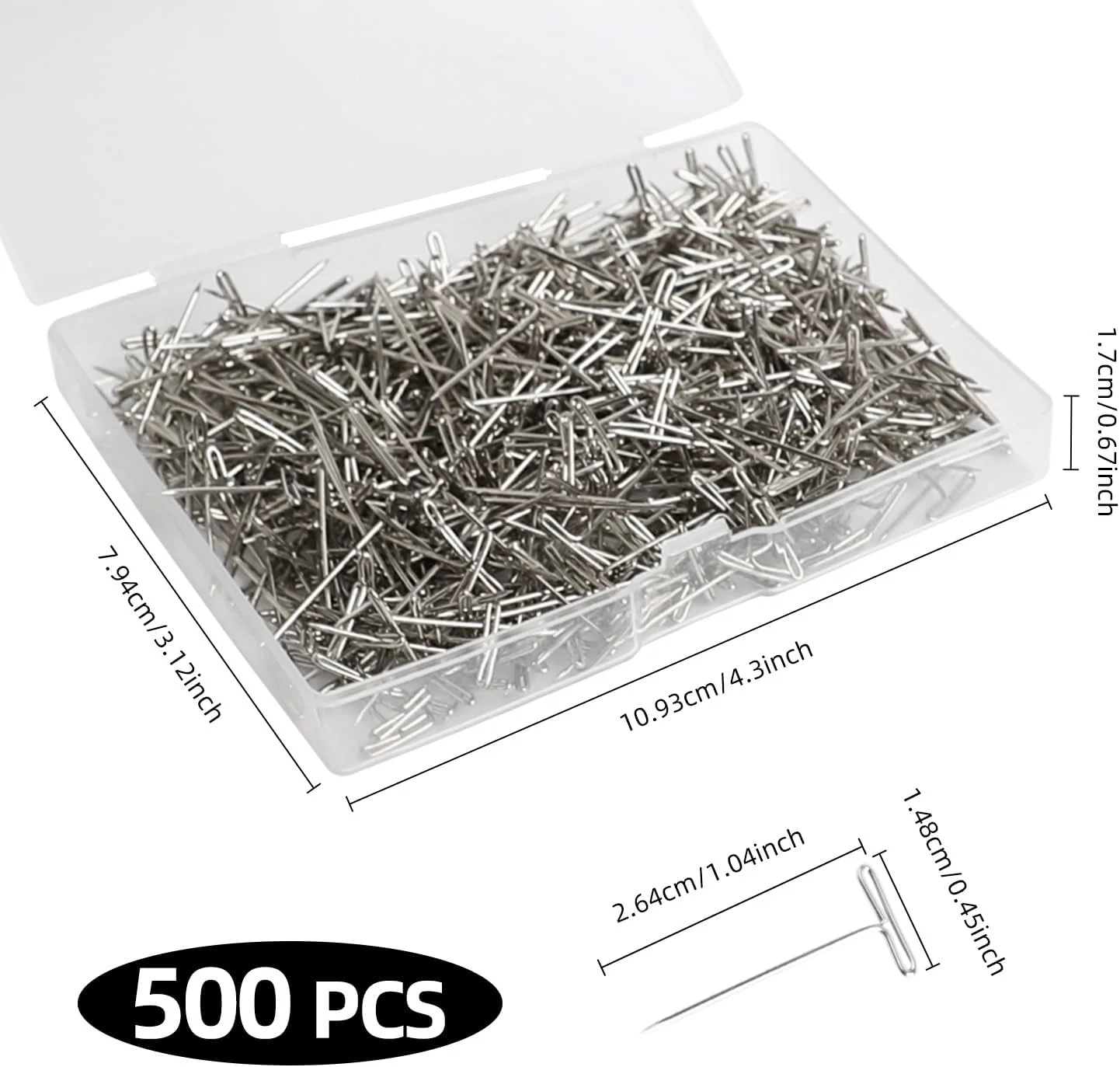 ست 500 عددی سوزن کلاه گیس، سوزن های تی 27 میلی متری از جنس استیل ضد زنگ، سوزن های تی جواهرات فلزی با جعبه پلاستیکی، سوزن های تی برای ساخت کلاه گیس، صنایع دستی بافتنی DIY