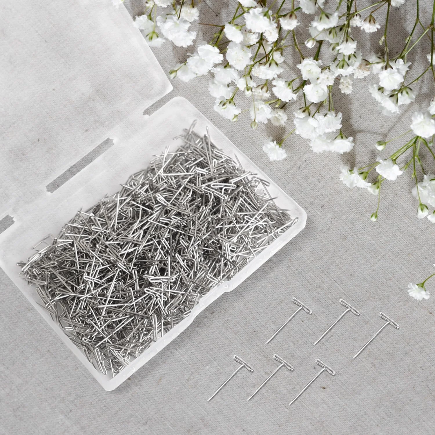 ست 500 عددی سوزن کلاه گیس، سوزن های تی 27 میلی متری از جنس استیل ضد زنگ، سوزن های تی جواهرات فلزی با جعبه پلاستیکی، سوزن های تی برای ساخت کلاه گیس، صنایع دستی بافتنی DIY