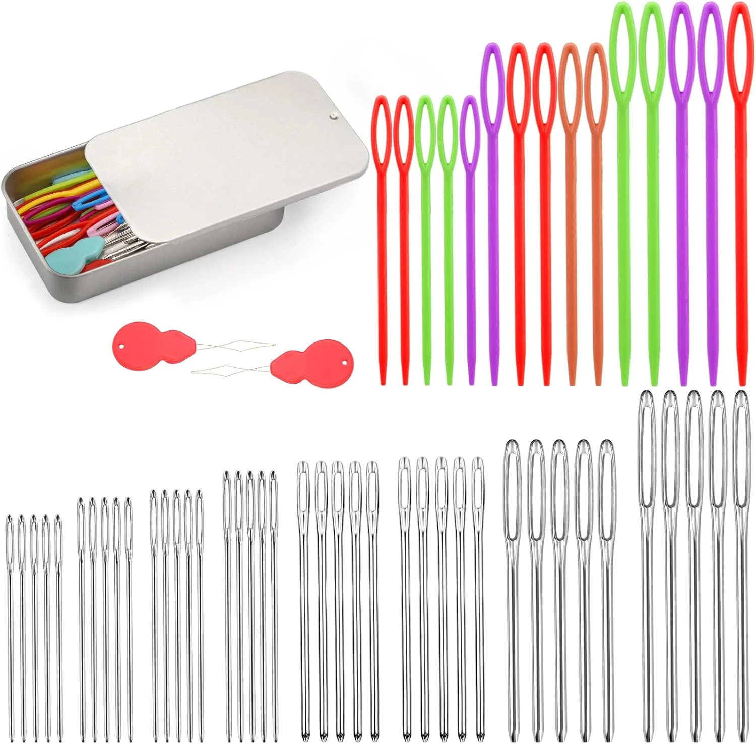 55 عدد سوزن پشمی چشم بزرگ، 8 سایز سوزن پشمی و 3 سایز سوزن پلاستیکی برای قلاب بافی، رفو، بافندگی و کاردستی با نخ به همراه سوزن نخ کن 55 عدد سوزن پشمی چشم بزرگ، 8 سایز سوزن پشمی و 3 سایز سوزن پلاستیکی برای قلاب بافی، رفو، بافندگی و کاردستی با نخ به همراه سوزن نخ کن
