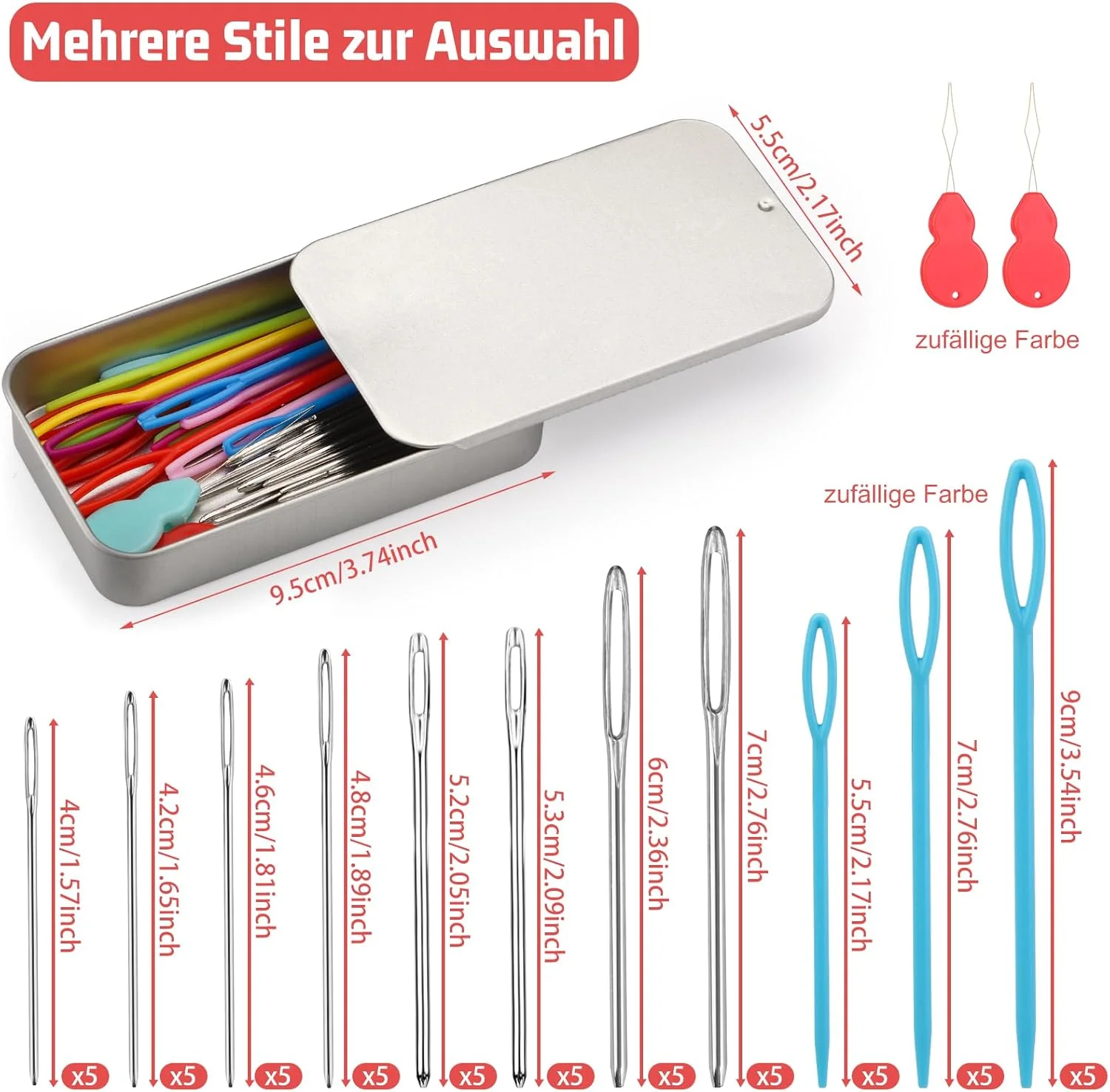 55 عدد سوزن پشمی چشم بزرگ، 8 سایز سوزن پشمی و 3 سایز سوزن پلاستیکی برای قلاب بافی، رفو، بافندگی و کاردستی با نخ به همراه سوزن نخ کن