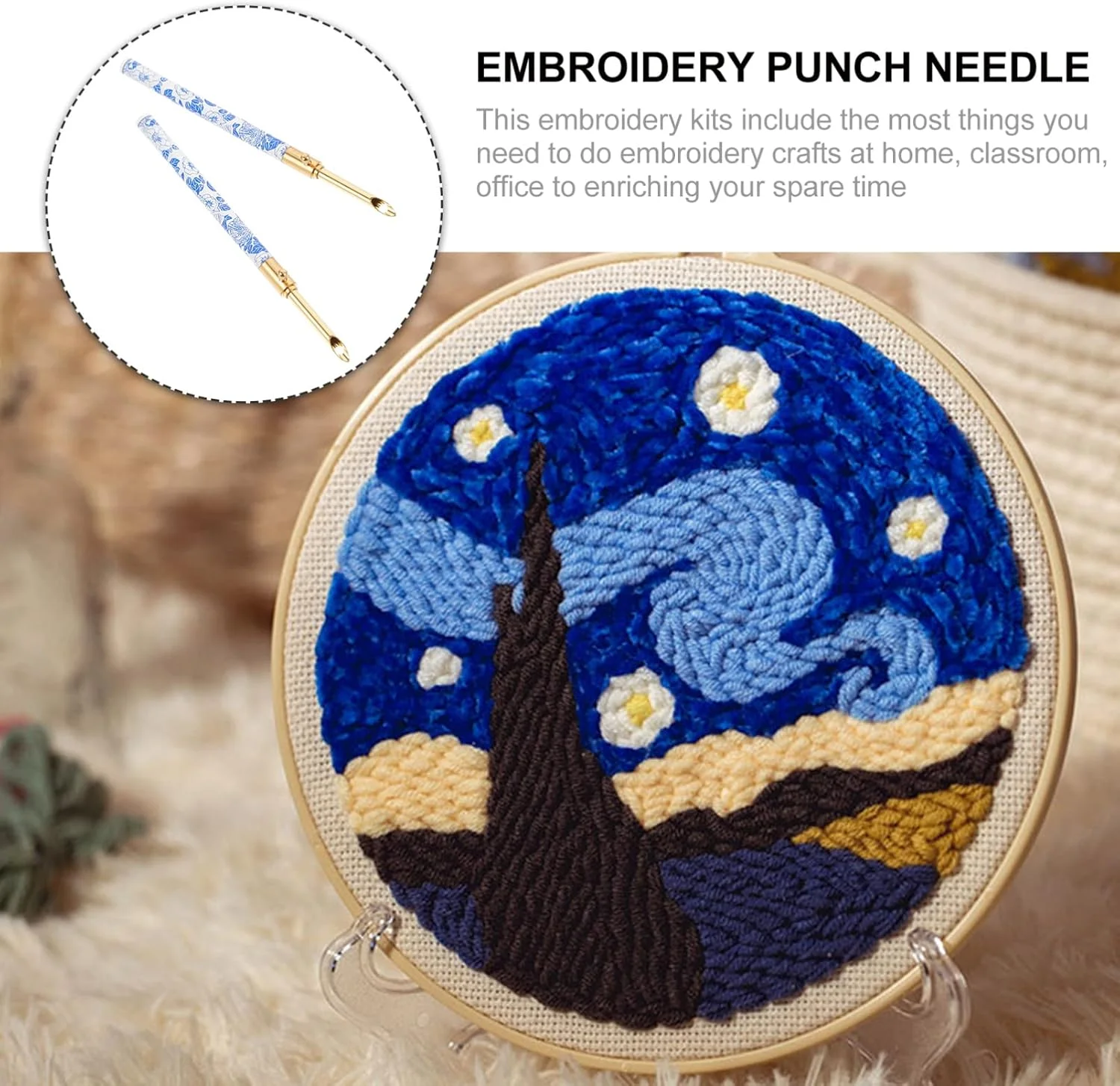 OOPP ست سوزن پانچ 2 عددی، دسته سوزن پانچ، کیت گلدوزی، لوله فلزی با بافت چوبی، سوزن های کوک متقاطع برای نخ و کاموا