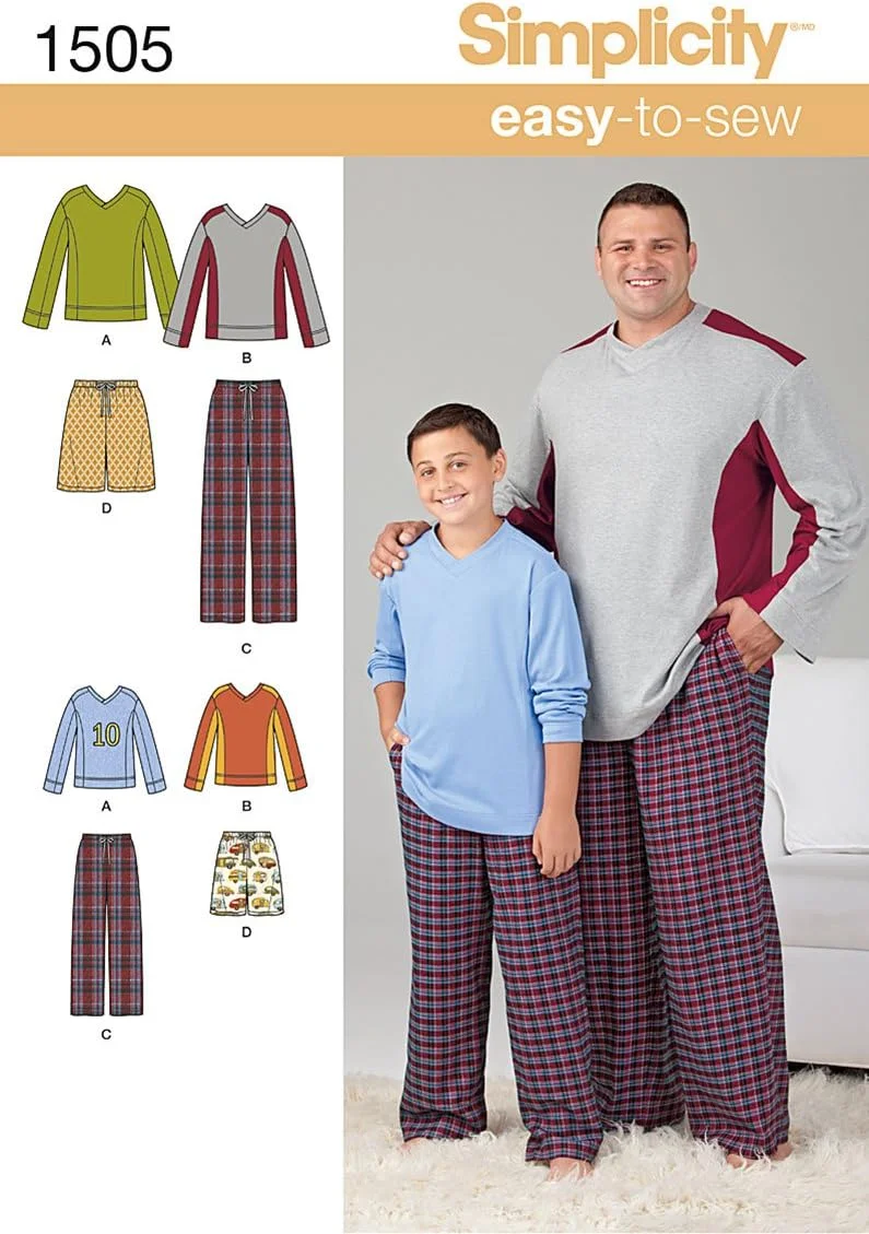 الگوهای خیاطی پیژامه مردانه و پسرانه Simplicity 1505، سایزهای کوچک تا بزرگ پسرانه و ایکس لارج تا پنج ایکس لارج مردانه