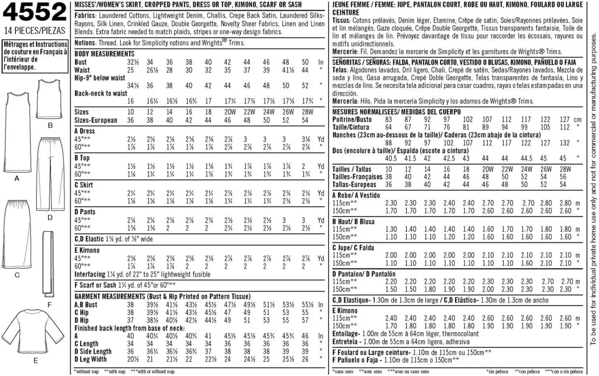 الگوی خیاطی آسان Simplicity 4552 سایز بزرگ برای دامن، شلوار، لباس و شال زنانه اثر Karen Z، سایز BB (20W-28W)