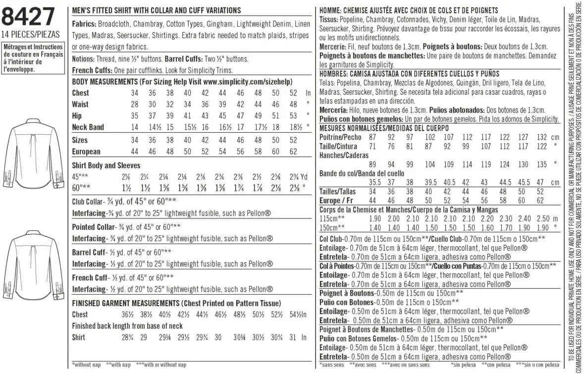 الگوی پیراهن مردانه مدل Simplicity 8427 با یقه و سرآستین های متنوع توسط Mimi G