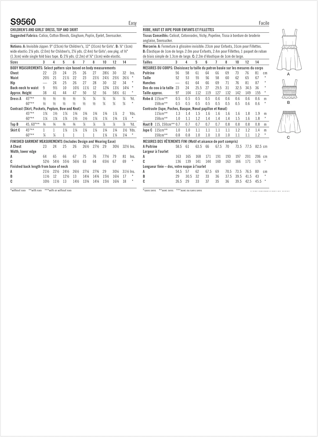 کیت الگوی خیاطی لباس، تاپ و دامن بچگانه Simplicity، کد S9560، سایزهای 3-4-5-6، چند رنگ