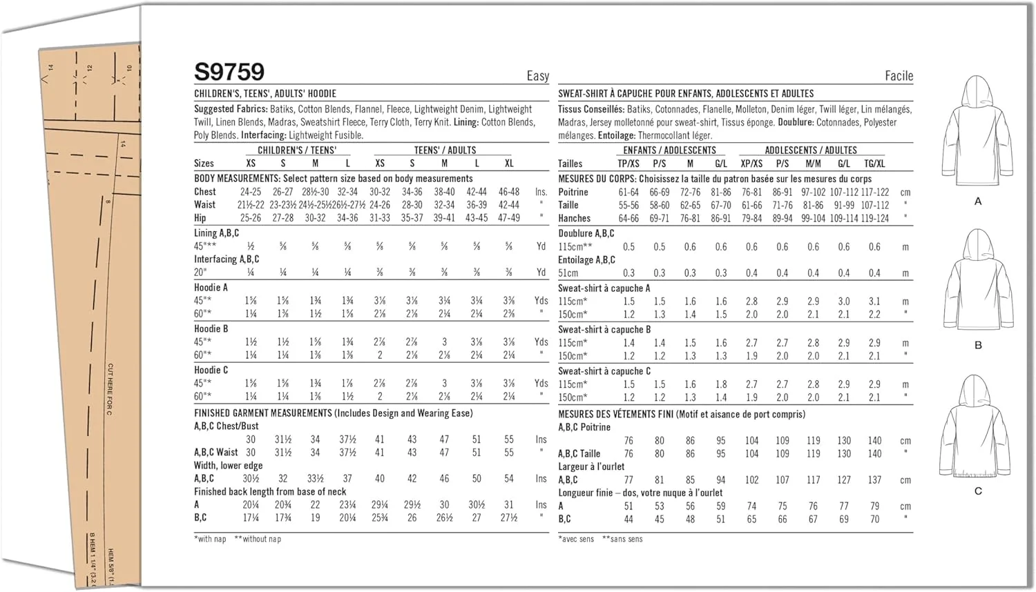 الگوی دوخت آسان هودی بچه گانه، نوجوانان و بزرگسالان Simplicity، کد S9759، سایز XS - L/XS - XL، چند رنگ