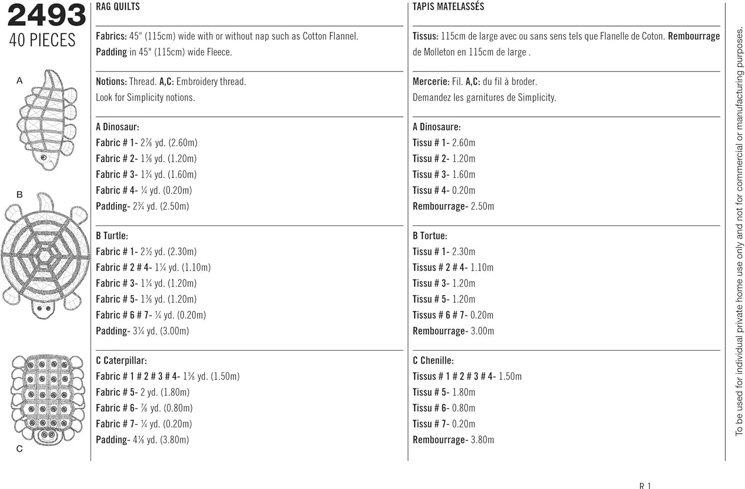 الگوهای خیاطی لحاف تکه دوزی کرم ابریشم، لاک پشت و دایناسور بچگانه Simplicity، یک سایز
