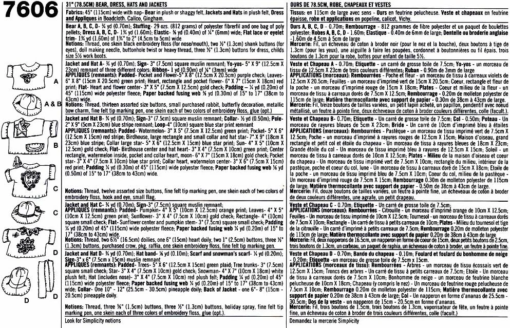 الگوی خیاطی صنایع دستی سادگی 7606: خرس، لباس، کلاه و ژاکت