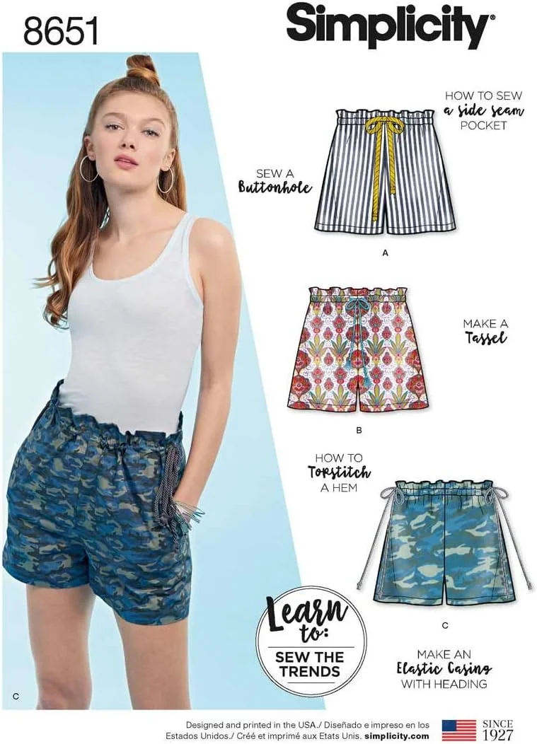 الگوی خیاطی شورت زنانه ساده، کاغذی، سفید، سایز 6/8/10/12/14/16/18