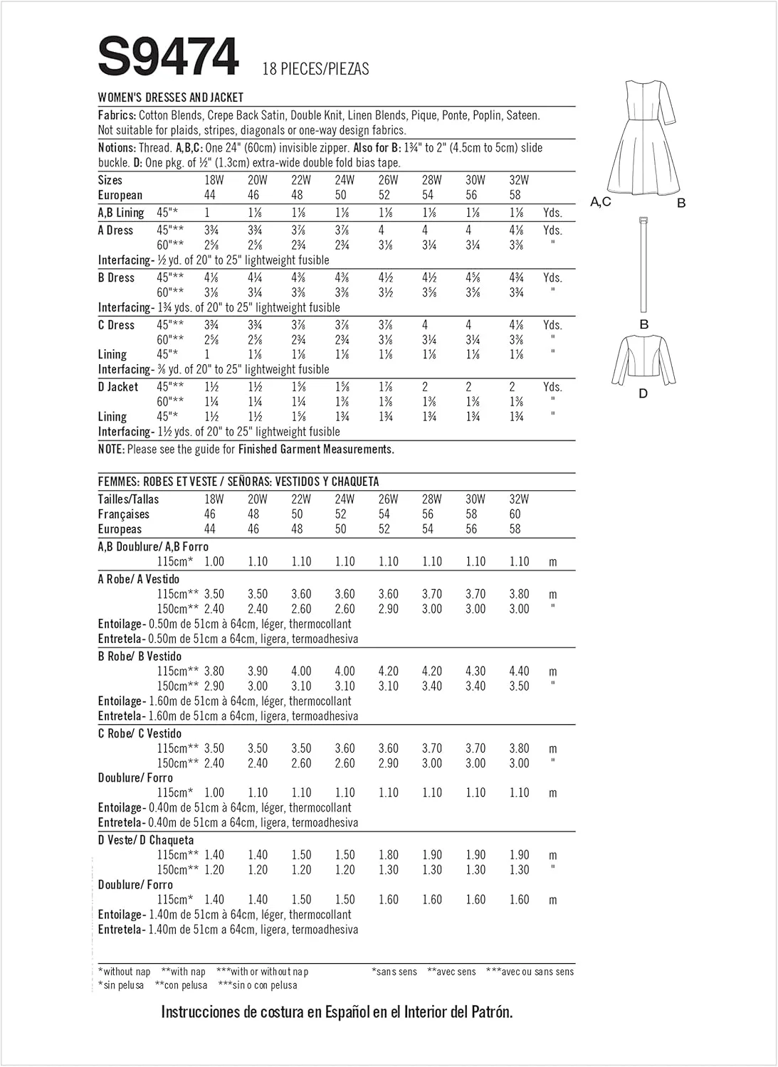 الگوی خیاطی ژاکت و لباس زنانه سادگی، کد S9474، سایزهای 18W-20W-22W-24W، چند رنگ