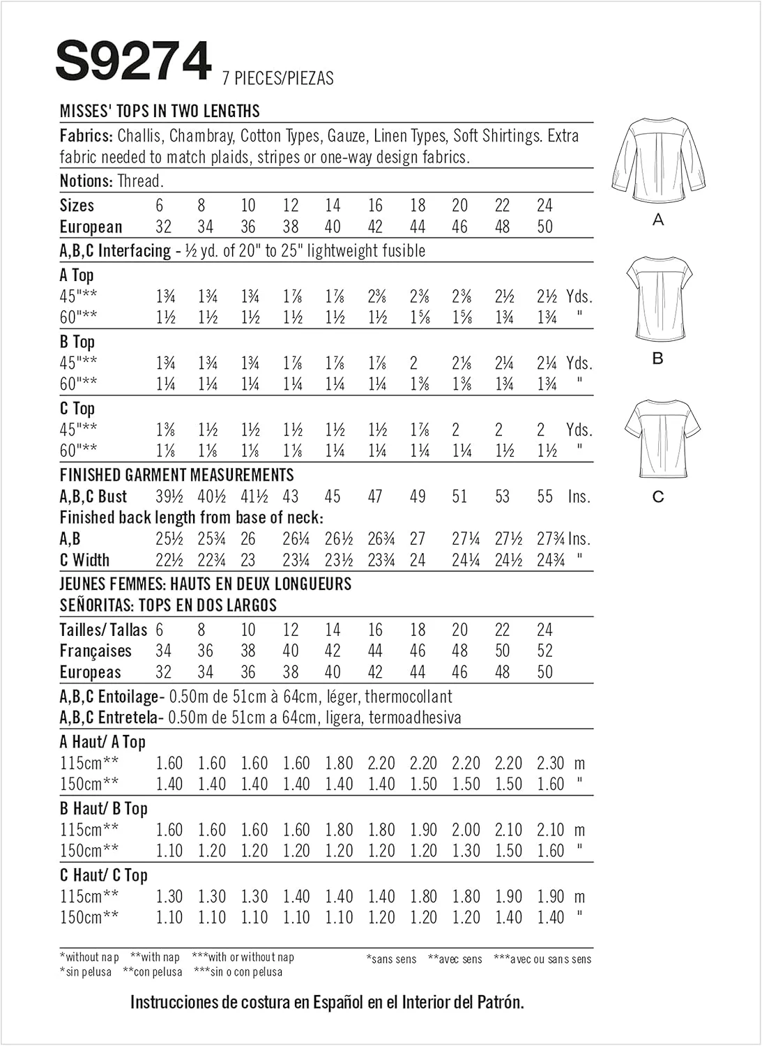 الگوی دوخت تاپ زنانه با آستین افتاده سیمپلیسی، کد 9274، سایزهای 6-14، سفید