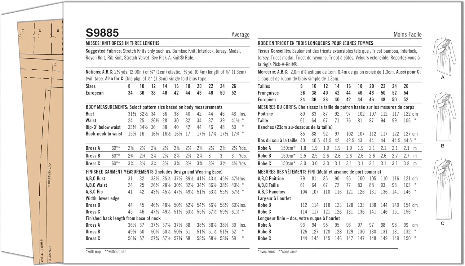 الگوی خیاطی لباس بافتنی یک طرفه زنانه Simplicity، کد طراحی S9885، سایزهای 18-20-22-24-26