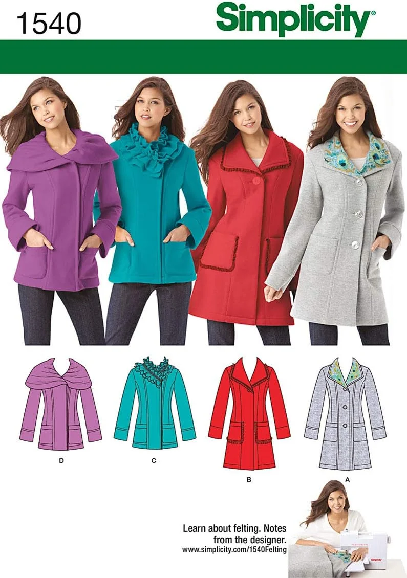 الگوی خیاطی سادگی 1540 کت های زنانه سایز کوچک، سایز R5، 14-16-18-20-22، 1