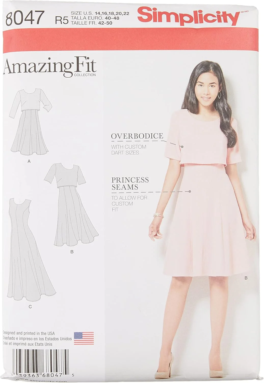 الگوی خیاطی سادگی 8047R5، لباس زنانه شگفت انگیز در سایزهای باریک، متوسط و سایز بزرگ، کاغذی، سفید، R5 (14-16-18-20-22)