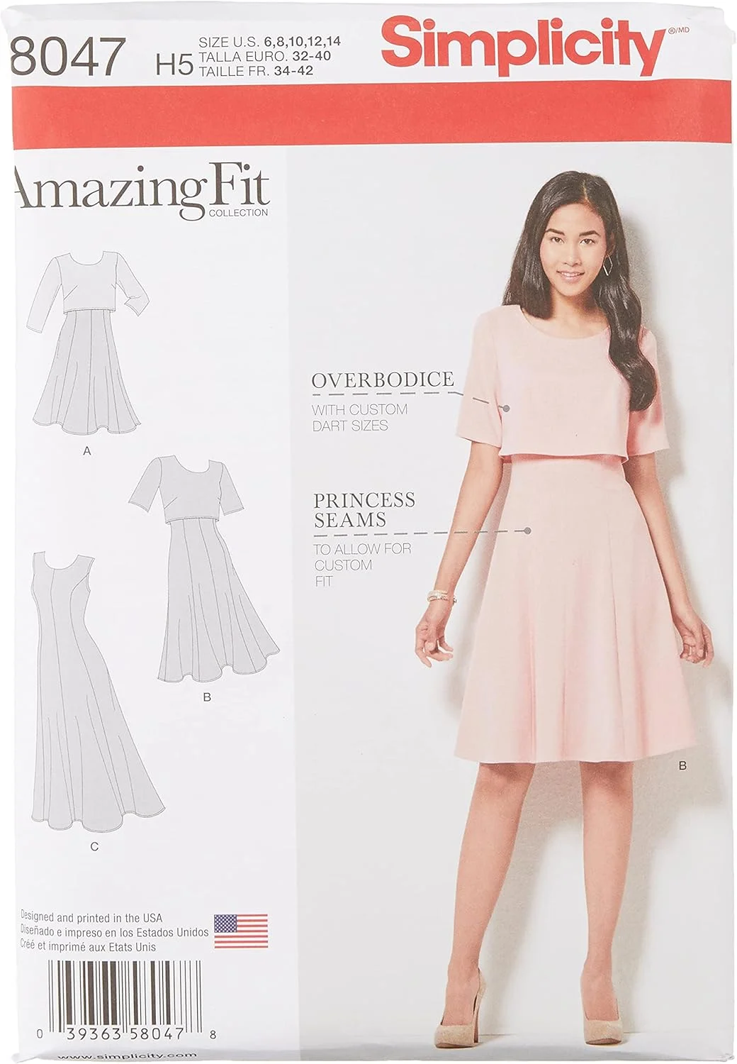 الگوی خیاطی سادگی 8047H5 لباس زنانه شگفت انگیز در سایزهای باریک، متوسط و سایز بزرگ، کاغذی، سفید، H5 (6-8-10-12-14)