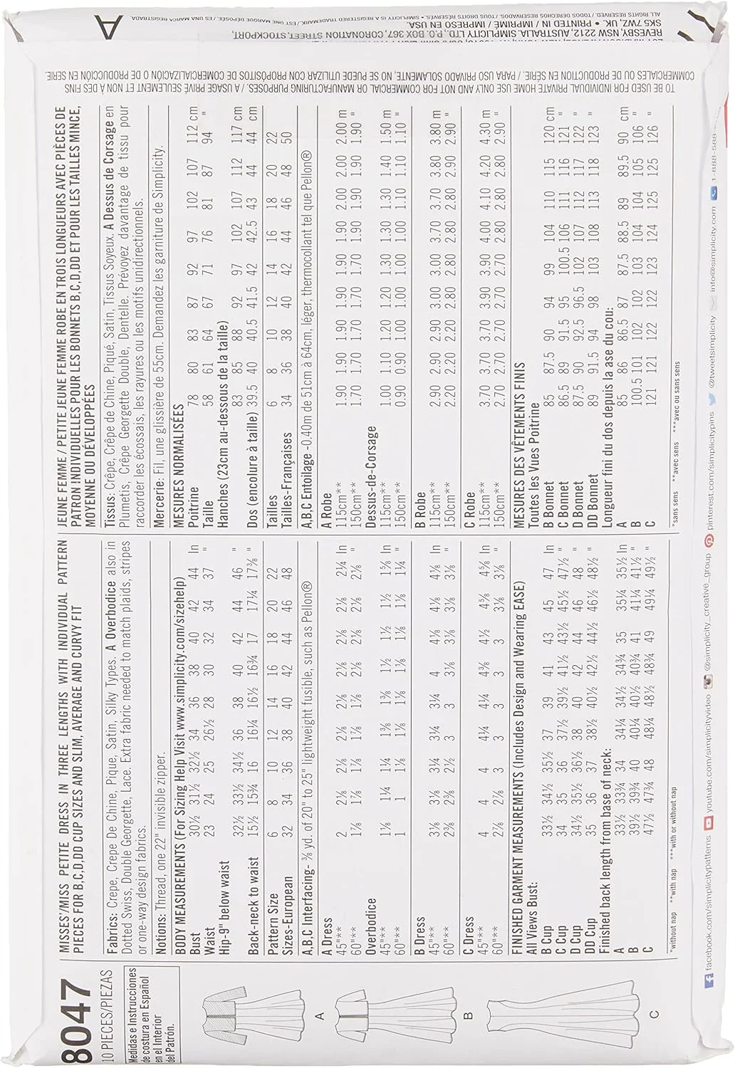 الگوی خیاطی سادگی 8047R5، لباس زنانه شگفت انگیز در سایزهای باریک، متوسط و سایز بزرگ، کاغذی، سفید، R5 (14-16-18-20-22)